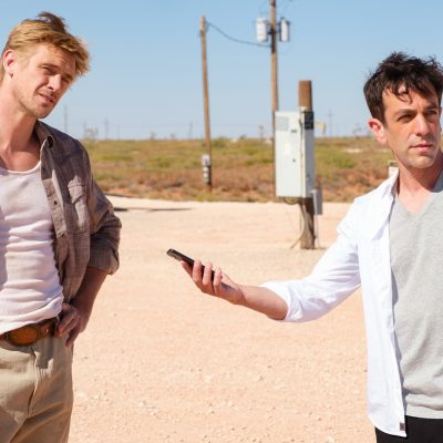 (L to R) Boyd Holbrook as Ty Shaw and B.J. Novak as Ben Manalowitz in VENGEANCE, written and directed by B.J. Novak and released by Focus Features. Credit: Patti Perret / Focus Features