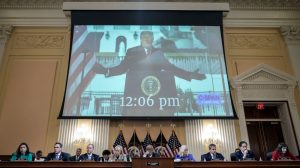 WASHINGTON, DC - JUNE 9: Former U.S. President Donald Trump is displayed on a screen during a hearing by the Select Committee to Investigate the January 6th Attack on the U.S. Capitol on June 09, 2022 in Washington, DC. The bipartisan committee, which has been gathering evidence related to the January 6 attack at the U.S. Capitol for almost a year, will present its findings in a series of televised hearings. On January 6, 2021, supporters of President Donald Trump attacked the U.S. Capitol Building during an attempt to disrupt a congressional vote to confirm the electoral college win for Joe Biden. (Photo by Drew Angerer/Getty Images)