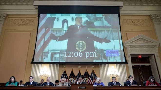 WASHINGTON, DC - JUNE 9: Former U.S. President Donald Trump is displayed on a screen during a hearing by the Select Committee to Investigate the January 6th Attack on the U.S. Capitol on June 09, 2022 in Washington, DC. The bipartisan committee, which has been gathering evidence related to the January 6 attack at the U.S. Capitol for almost a year, will present its findings in a series of televised hearings. On January 6, 2021, supporters of President Donald Trump attacked the U.S. Capitol Building during an attempt to disrupt a congressional vote to confirm the electoral college win for Joe Biden. (Photo by Drew Angerer/Getty Images)